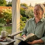 A happy retiree enjoying a quiet afternoon on her porch with a book and tea.