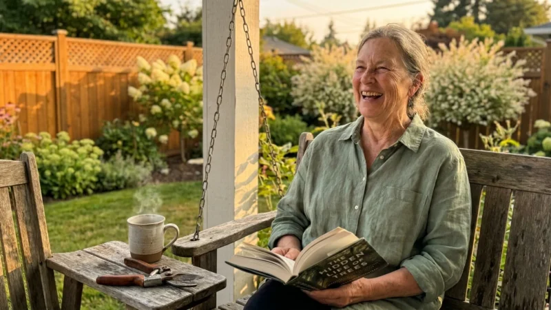 A happy retiree enjoying a quiet afternoon on her porch with a book and tea.