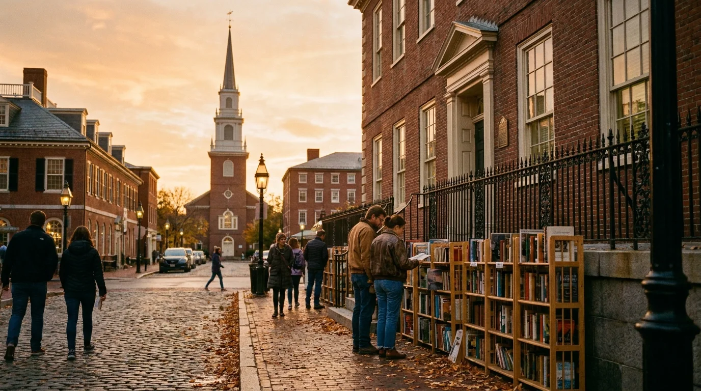 A historic town square in Portsmouth, New Hampshire, with colonial architecture and a church spire.