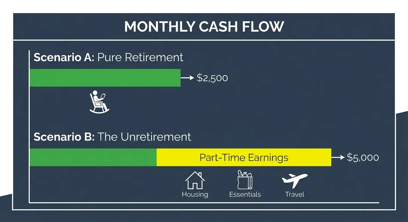 A horizontal bar chart comparing monthly cash flow between pure retirement and the unretirement strategy.