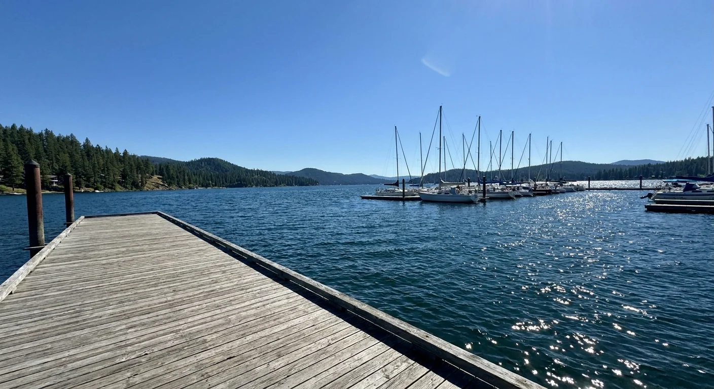 A long wooden floating boardwalk extending into a deep blue lake with sailboats and pine hills in the background.