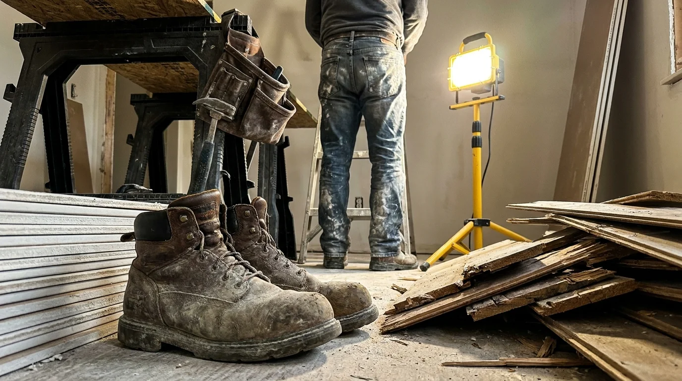 A low-angle shot of a dusty construction site inside a home, showing the physical labor required for real estate flipping.
