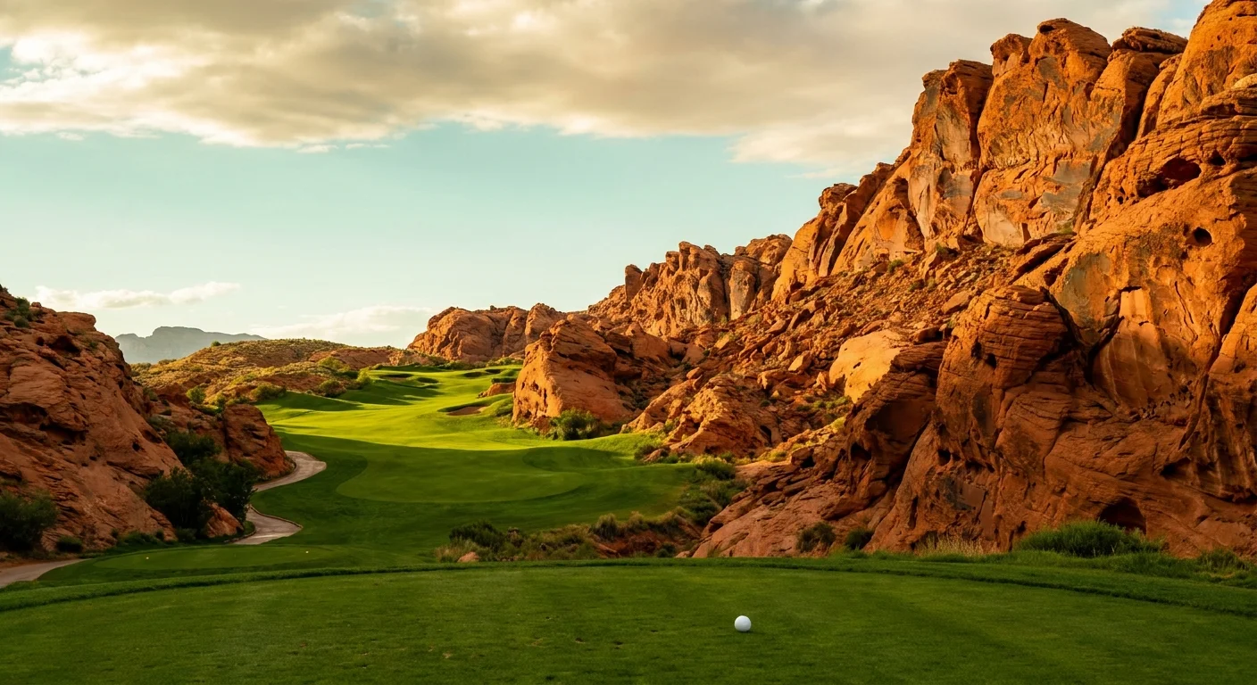 A lush green golf course fairway nestled among the towering red sandstone cliffs of St. George, Utah.