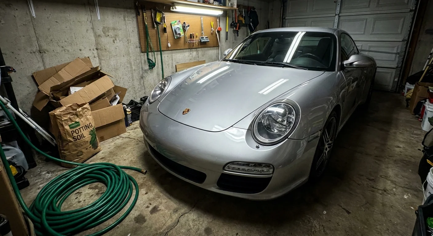 A luxury sports car parked in a cluttered, ordinary garage under harsh fluorescent light, captured in a sharp snapshot style.