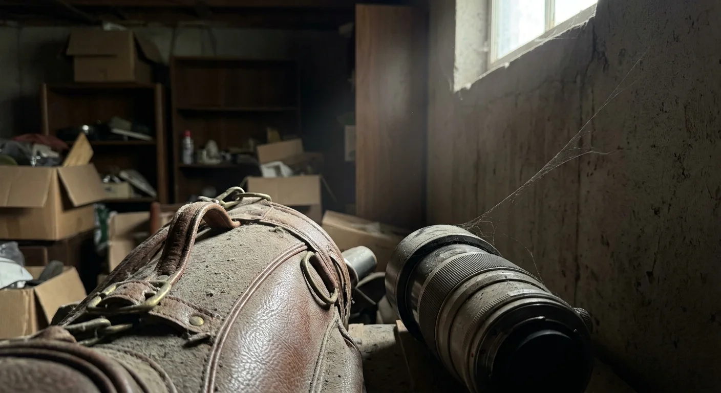 A macro shot of dust settled on expensive professional hobby equipment in a dark corner.