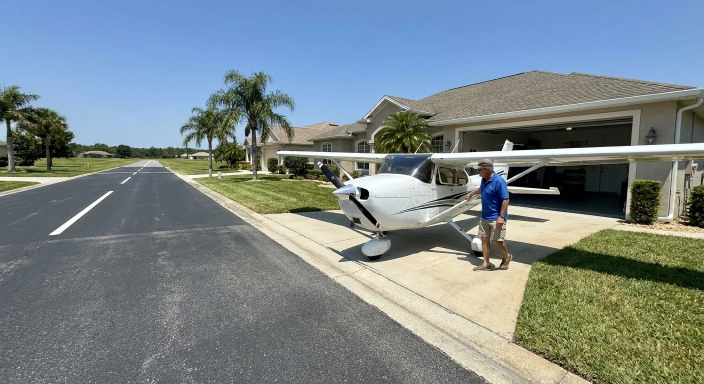 A man guides a small private airplane into his home's attached hangar in a residential neighborhood.