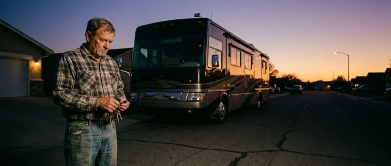 A man in a driveway at dusk looking at keys with a massive RV in the background, shot on 35mm film with warm grain.