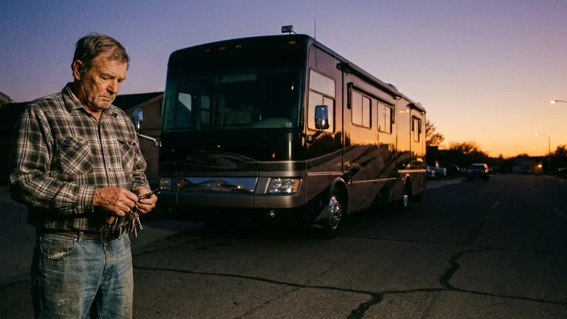 A man in a driveway at dusk looking at keys with a massive RV in the background, shot on 35mm film with warm grain.
