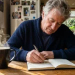 A man in his 60s peacefully writes in a daily planner at his kitchen table during a sunlit morning, embodying a calm retirement routine.