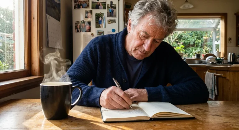 A man in his 60s peacefully writes in a daily planner at his kitchen table during a sunlit morning, embodying a calm retirement routine.
