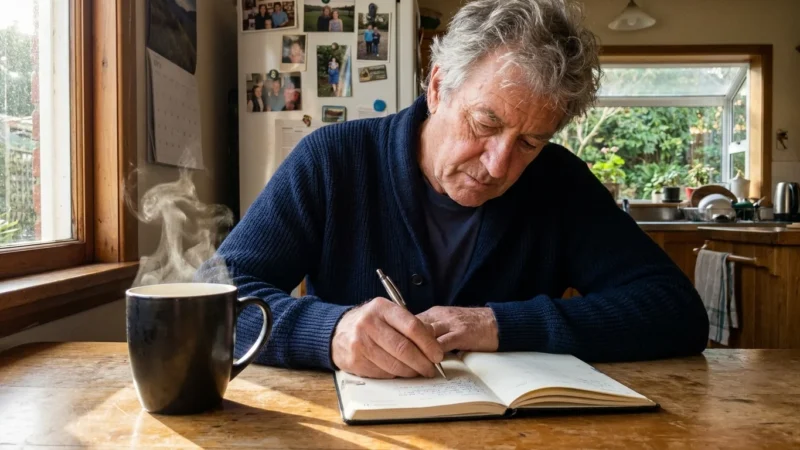 A man in his 60s peacefully writes in a daily planner at his kitchen table during a sunlit morning, embodying a calm retirement routine.