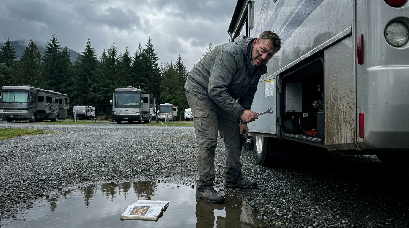 A man in his 60s repairs a large motorhome in a crowded, rainy RV park, showing the maintenance reality of full-time travel.