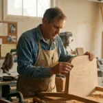 A man in his 60s working in his sunlit woodshop, representing the active and purposeful nature of unretiring.