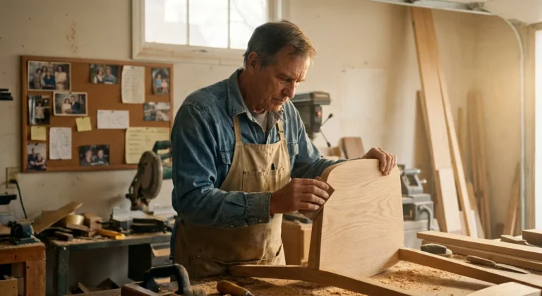 A man in his 60s working in his sunlit woodshop, representing the active and purposeful nature of unretiring.