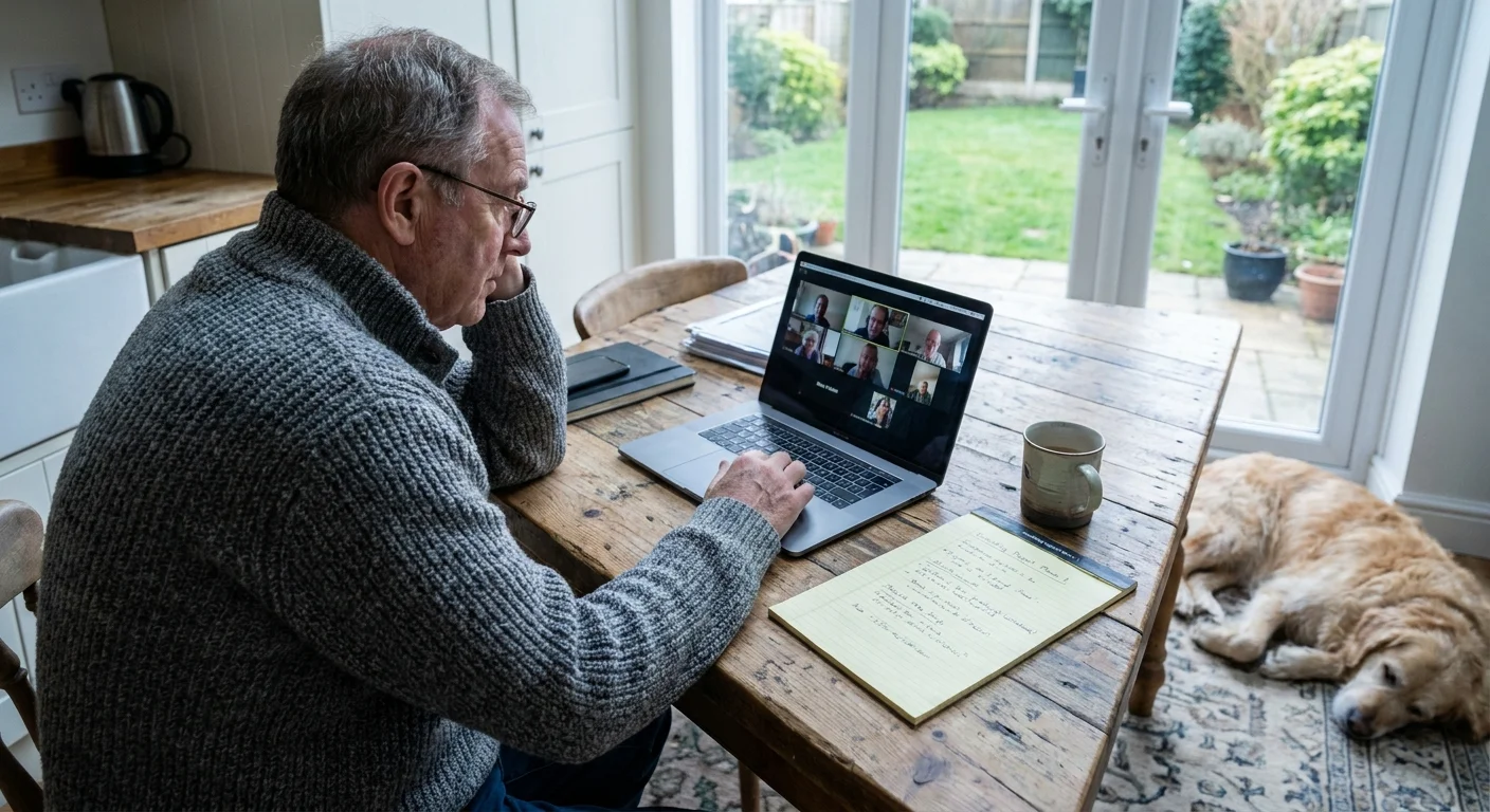 A man in his 60s working on a laptop at his kitchen table, representing the micro-consulting trend.