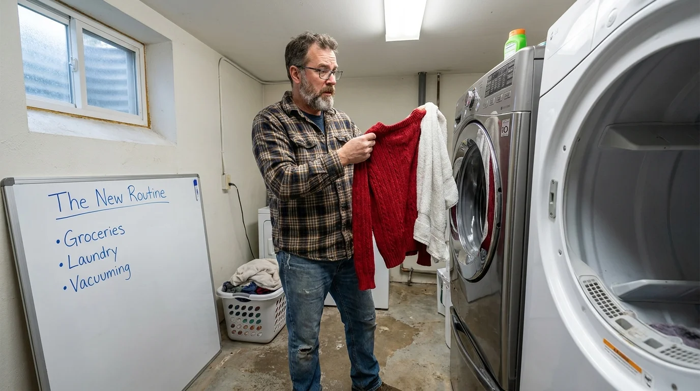 A man looking confused while doing laundry next to a chore list, capturing the reorganization of household duties after retirement.