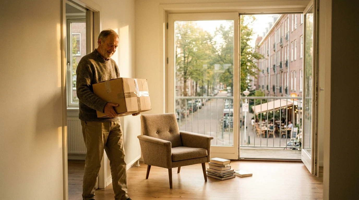 A man moves a box into a sun-drenched, modern apartment overlooking a walkable town street.
