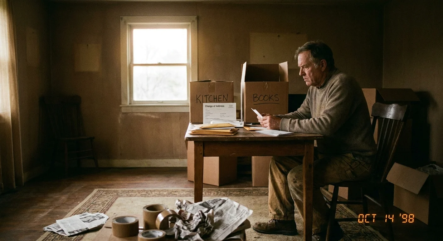 A man sits at a table with moving boxes, looking at bills and paperwork in a new home.