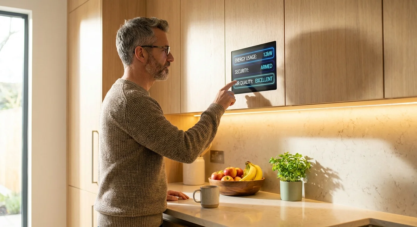 A man uses a wall-mounted smart home touch screen in a modern, sunlit kitchen.