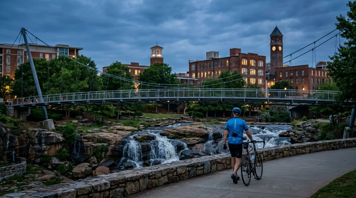 A man walking a bicycle on a scenic suspension bridge over a waterfall in downtown Greenville, South Carolina.