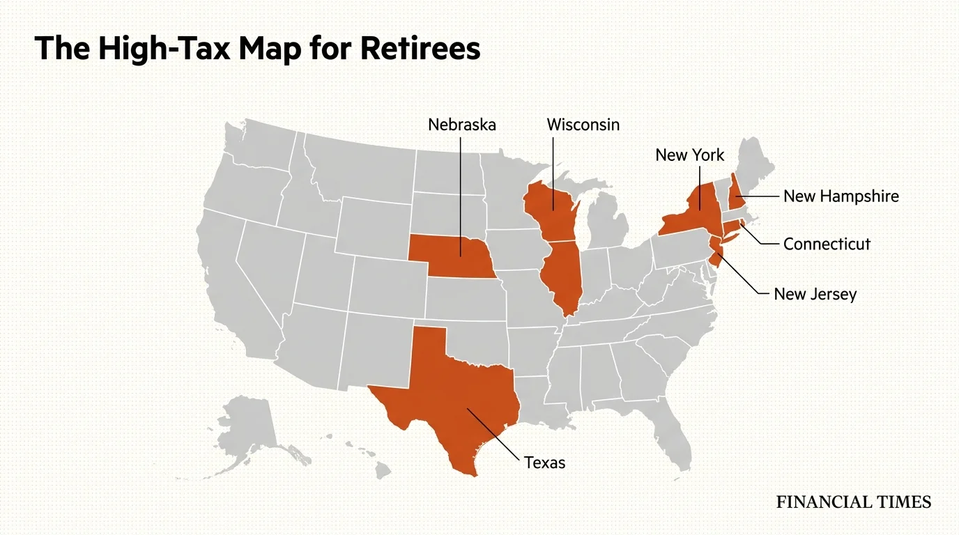 A map of the United States highlighting the eight states with the highest property tax burdens for retirees.