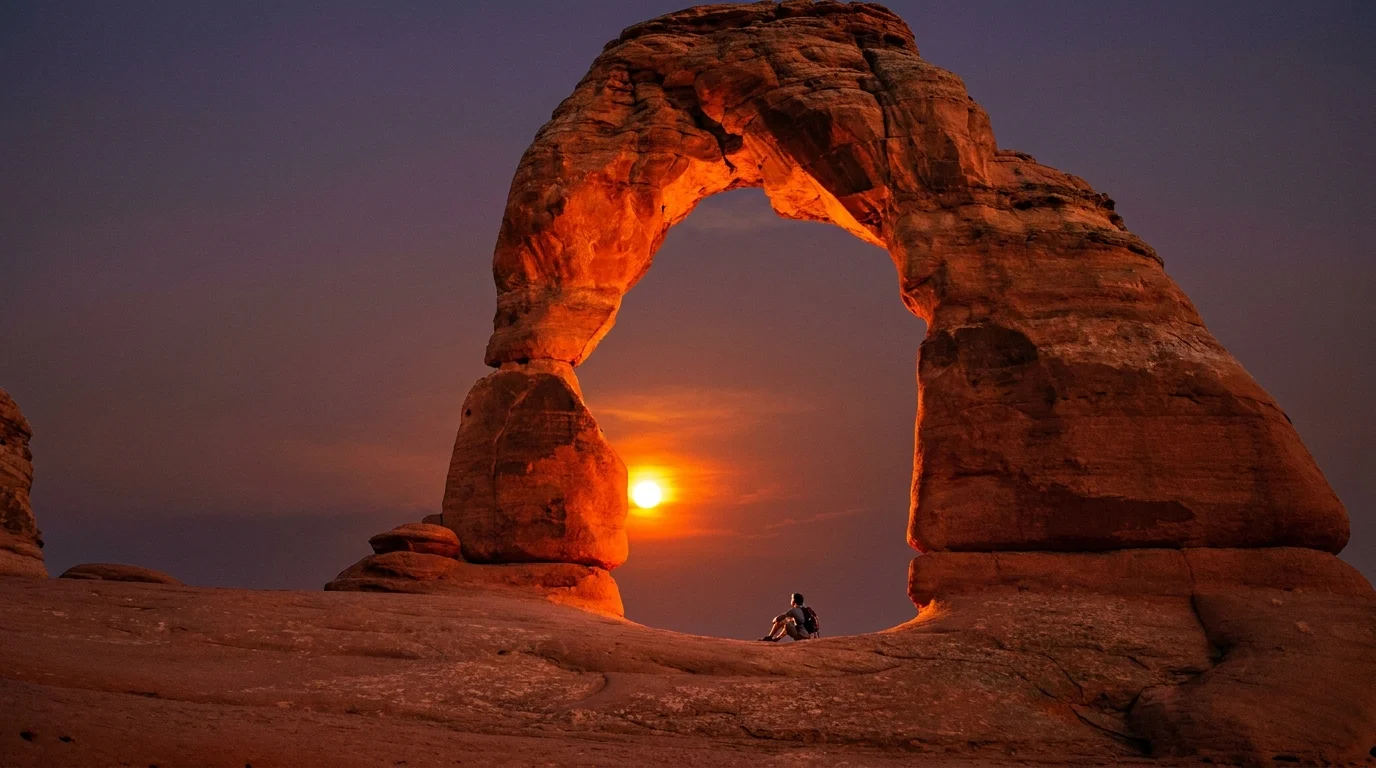 A massive red rock arch in Utah glowing in the orange light of a desert sunset.