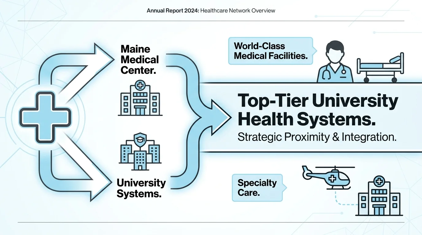 A medical-themed diagram illustrating the connection between northern retirement spots and top-tier healthcare systems.