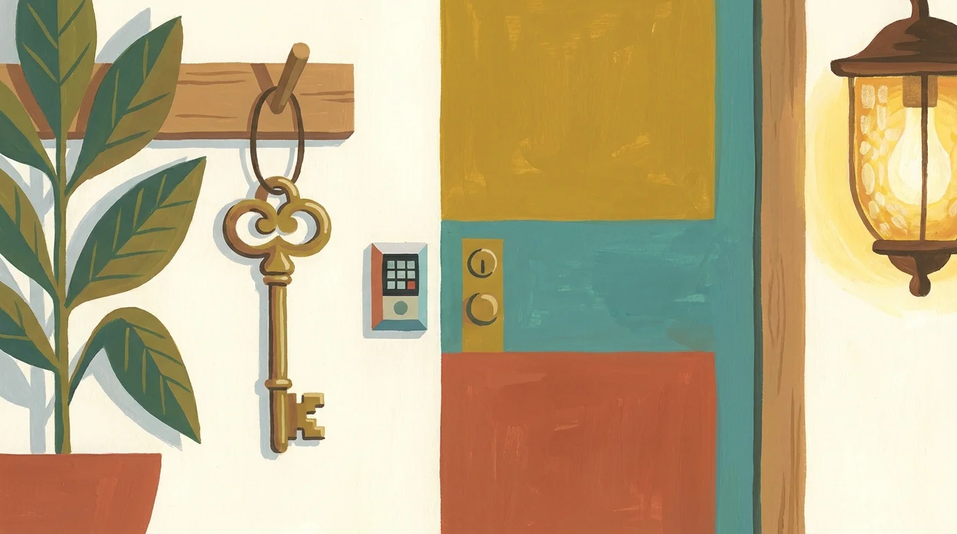A mid-century gouache painting of a single key on a hook by a colorful door, representing simplicity and security.