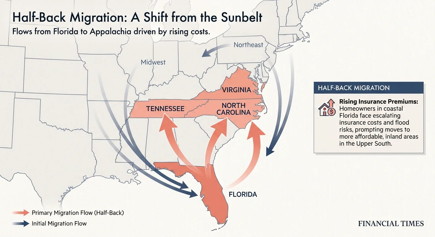 A migration map showing retirees moving from coastal southern states to North Carolina, Tennessee, and Virginia.