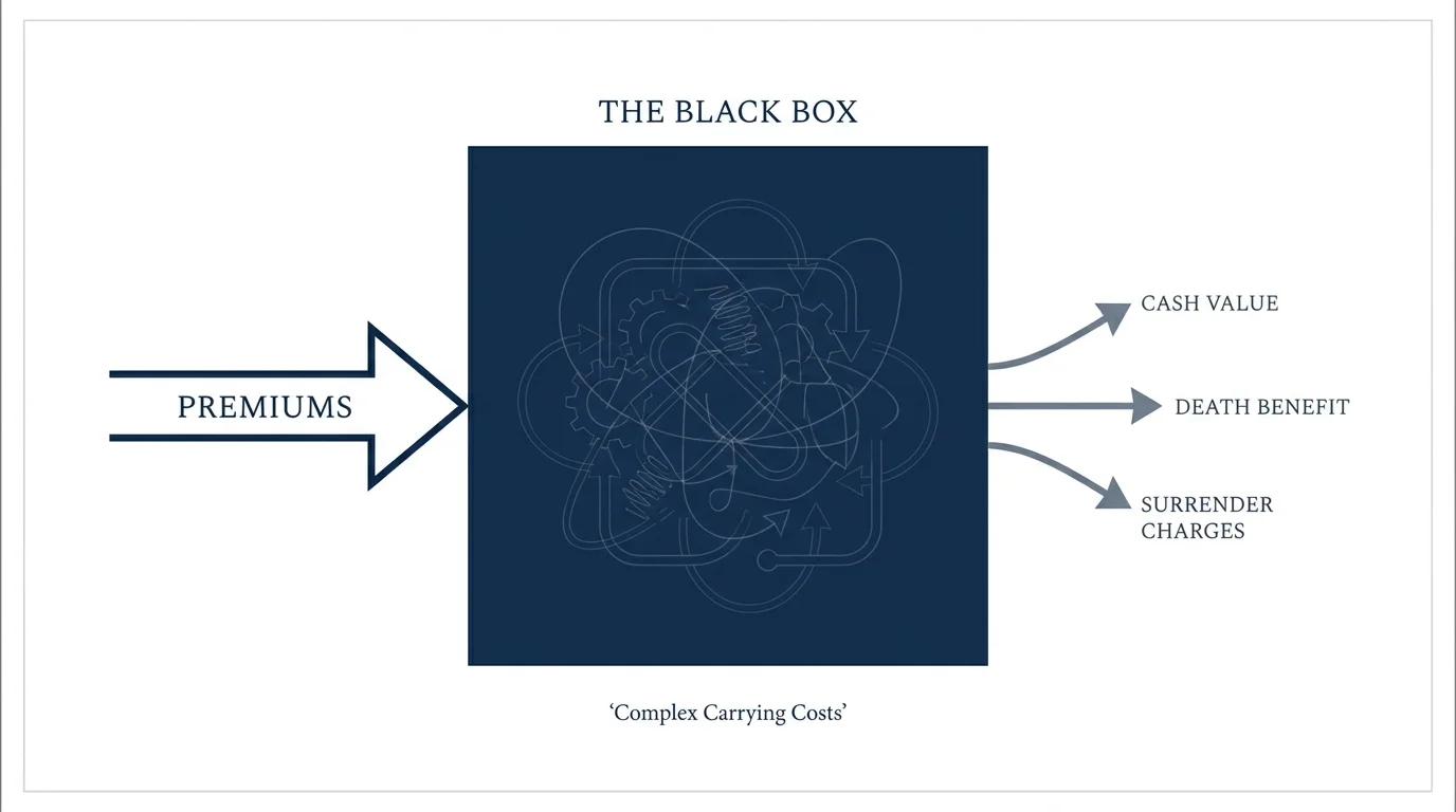 A minimalist diagram showing insurance premiums entering a complex box and emerging as smaller benefits.