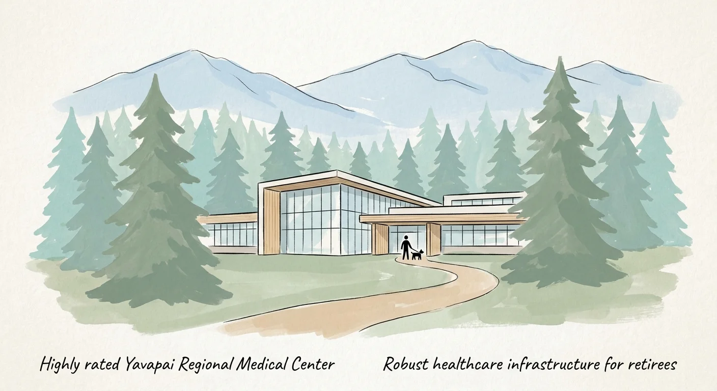 A minimalist gouache illustration of a modern medical building nestled at the base of a pine-covered mountain range.