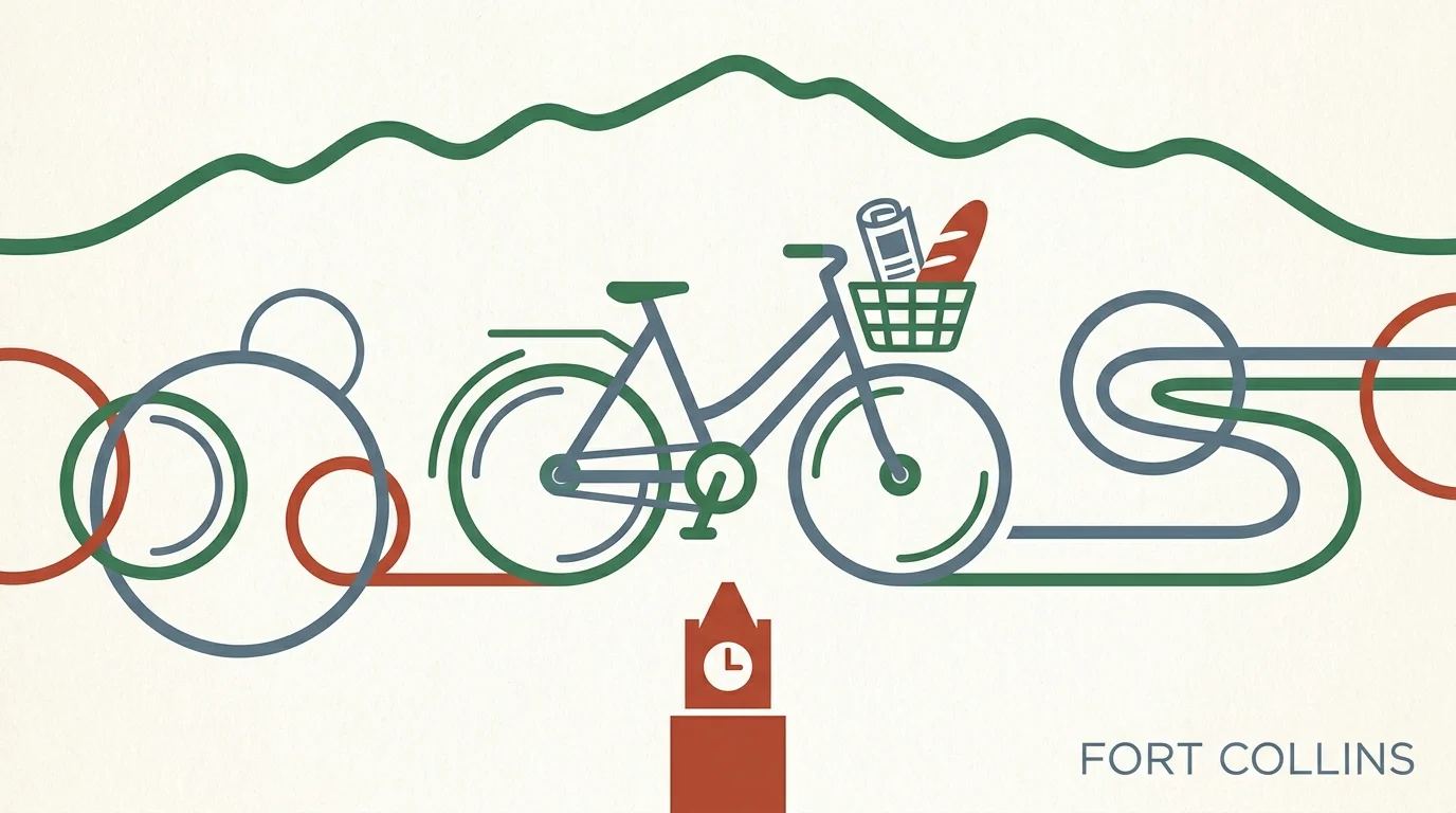 A minimalist graphic illustration of mountains, bicycle paths, and the Old Town clock tower representing Fort Collins.