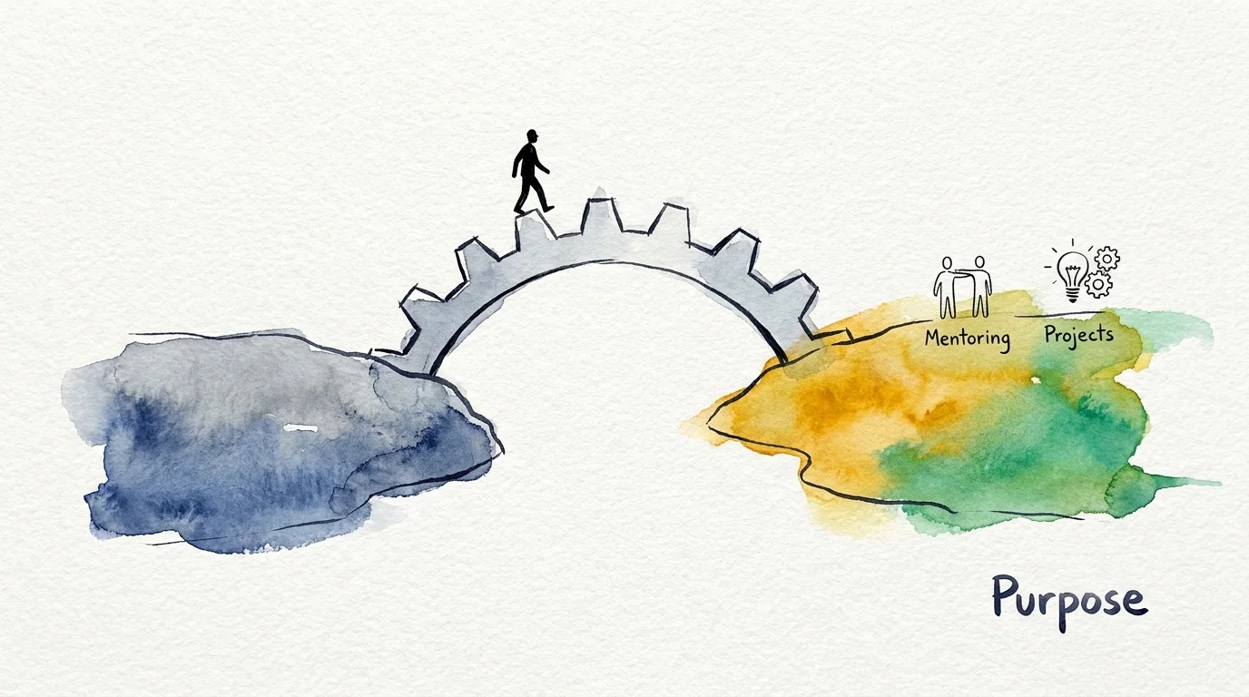 A minimalist illustration of a person crossing a bridge made of a gear to represent finding purpose through work.