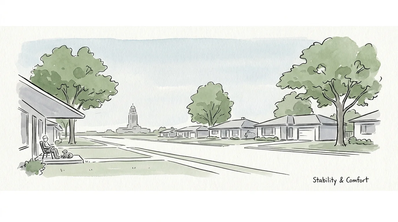 A minimalist sketch of a quiet Lincoln neighborhood with the state capitol on the horizon.