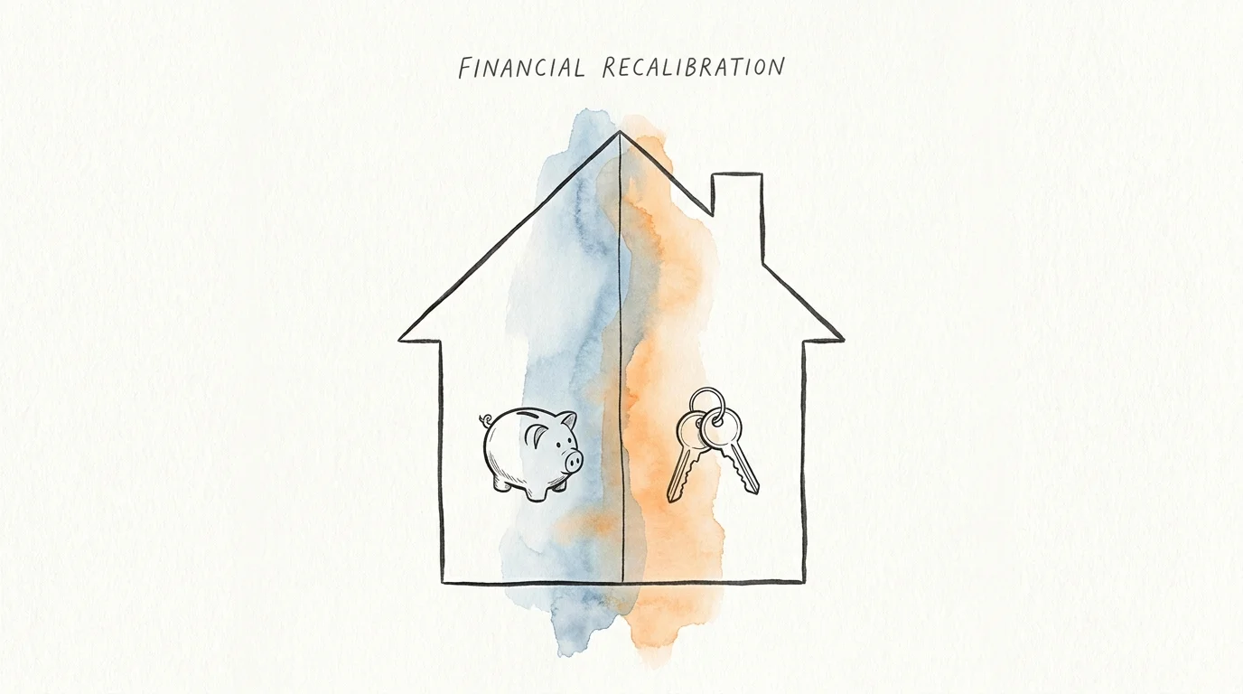 A minimalist watercolor illustration showing a house silhouette split into two balanced halves with financial icons.