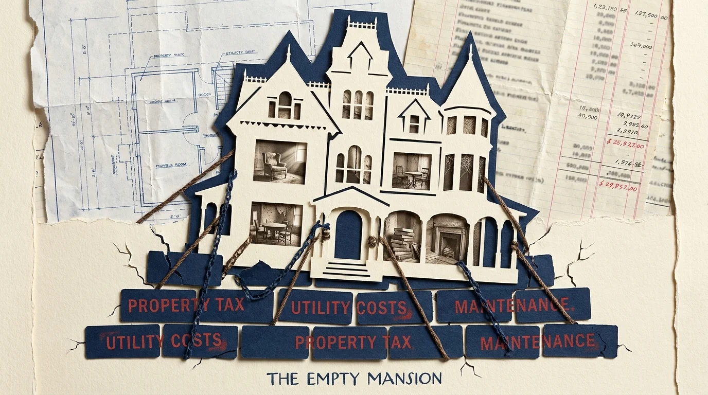 A mixed-media collage of a large house being weighed down by bricks labeled with taxes and maintenance costs.