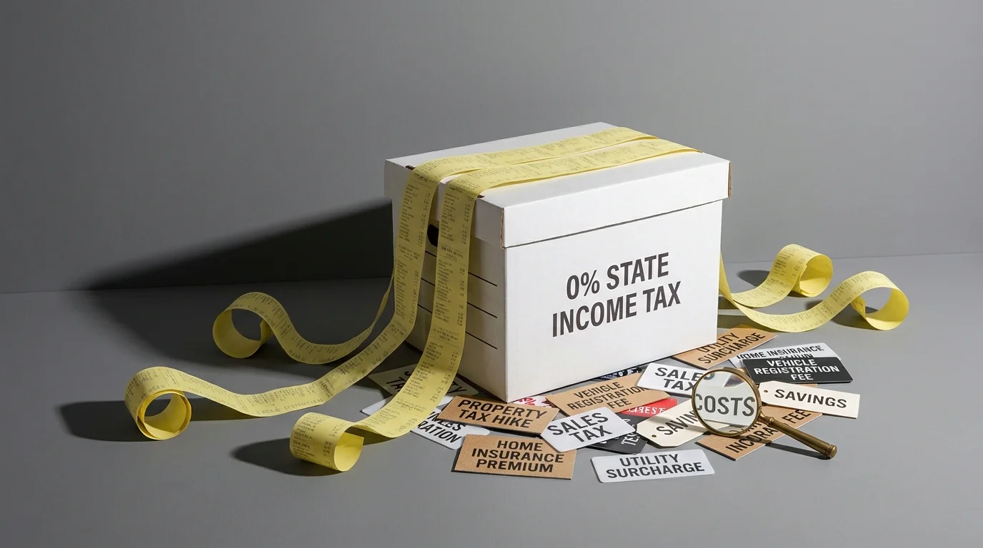 A moving box labeled '0% State Income Tax' being overwhelmed by long receipts representing hidden costs like property taxes.