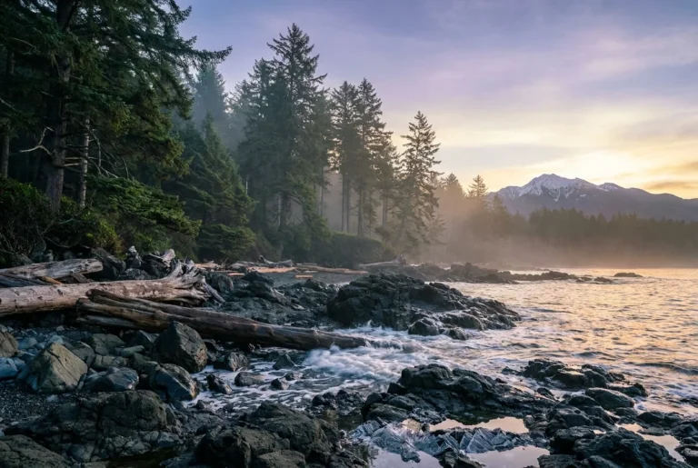 A panoramic sunrise view of a misty Pacific Northwest coastline with evergreen forests and distant snow-capped mountains.
