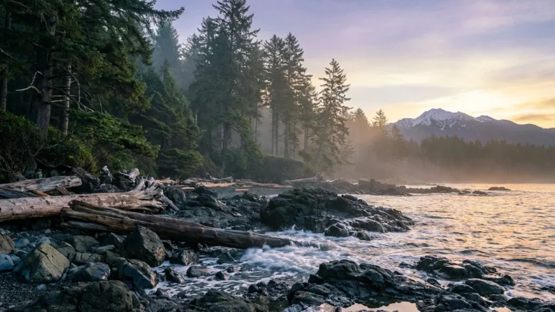 A panoramic sunrise view of a misty Pacific Northwest coastline with evergreen forests and distant snow-capped mountains.