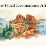 A panoramic watercolor illustration showing a transition from green mountains to red deserts and blue lakes.