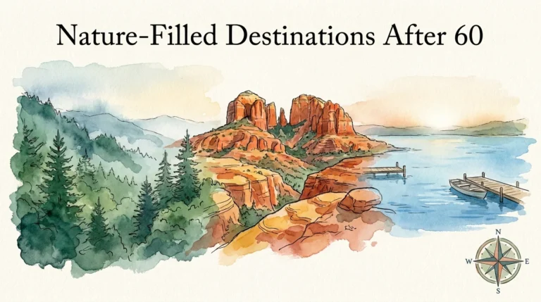A panoramic watercolor illustration showing a transition from green mountains to red deserts and blue lakes.
