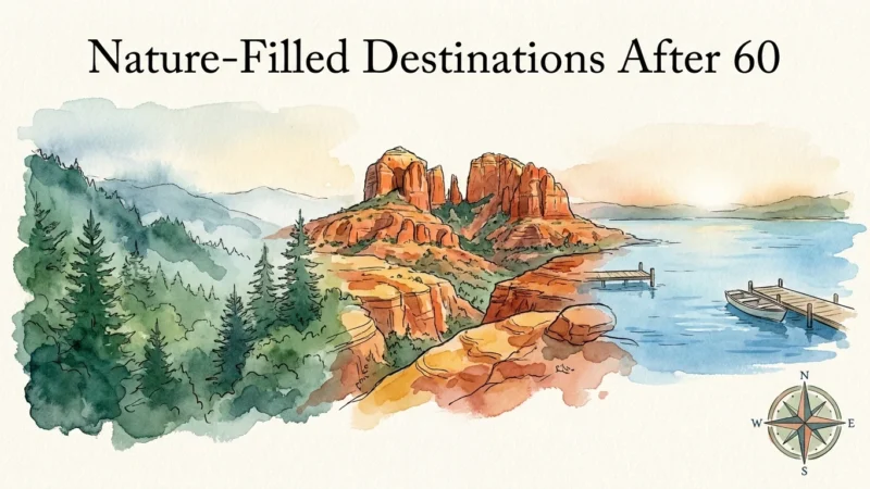 A panoramic watercolor illustration showing a transition from green mountains to red deserts and blue lakes.