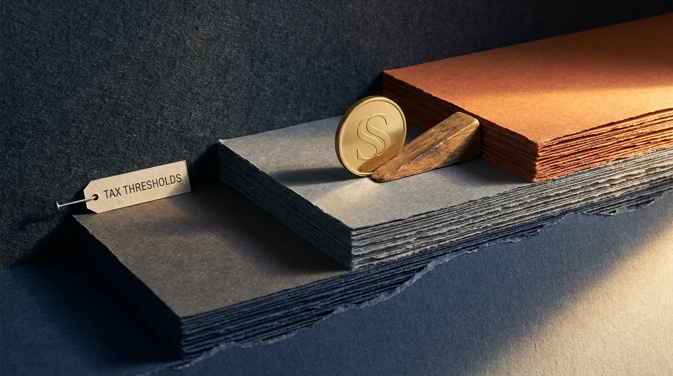 A paper-craft illustration showing a gold coin being pushed toward a higher tier, representing benefits entering higher tax brackets.
