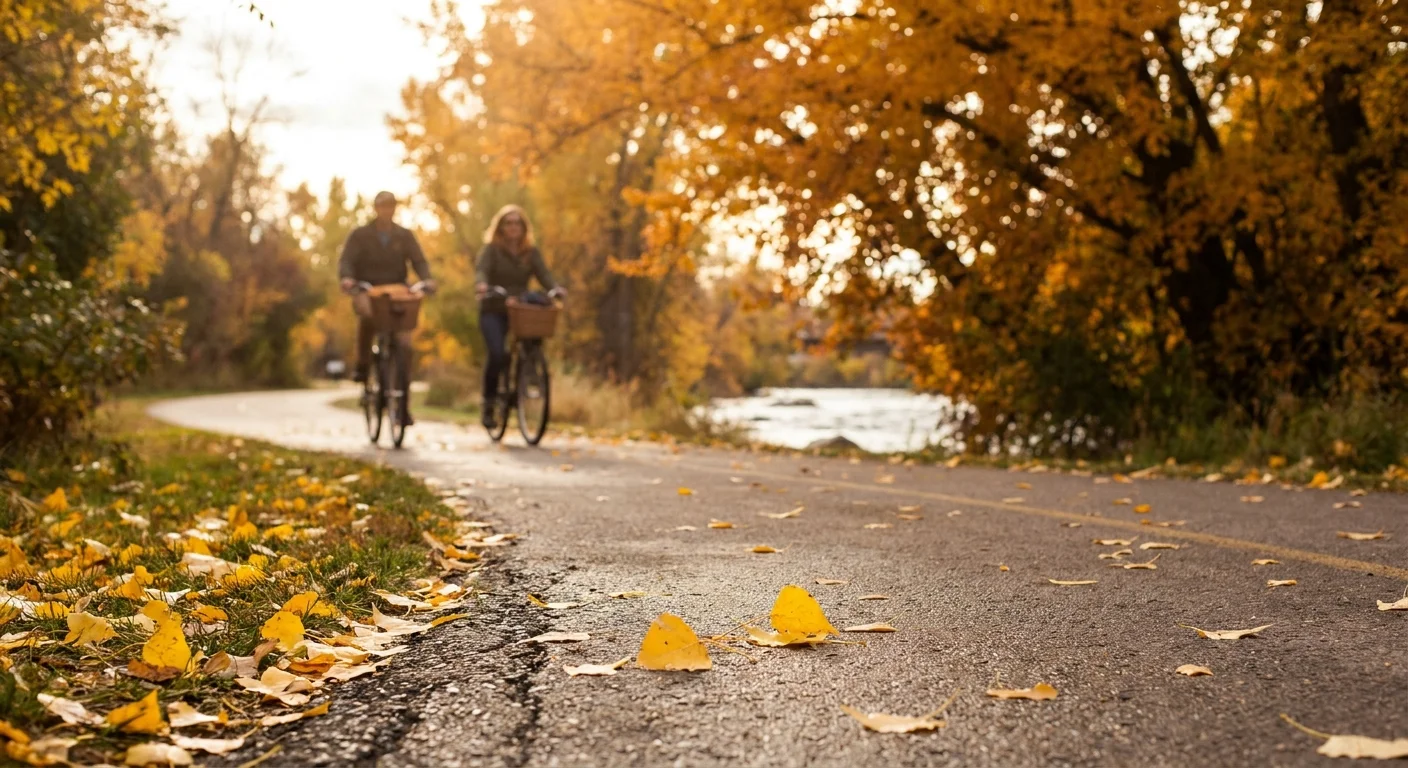A paved path lined with golden autumn trees and people on bicycles in the Boise River Greenbelt.