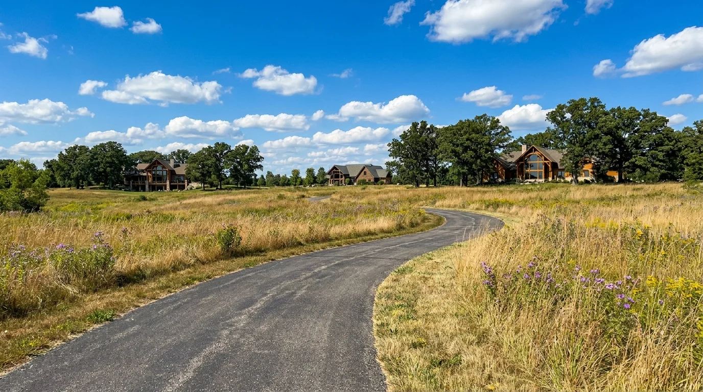 A paved walking trail through a prairie landscape in Campton Hills, Illinois, under a bright sky.