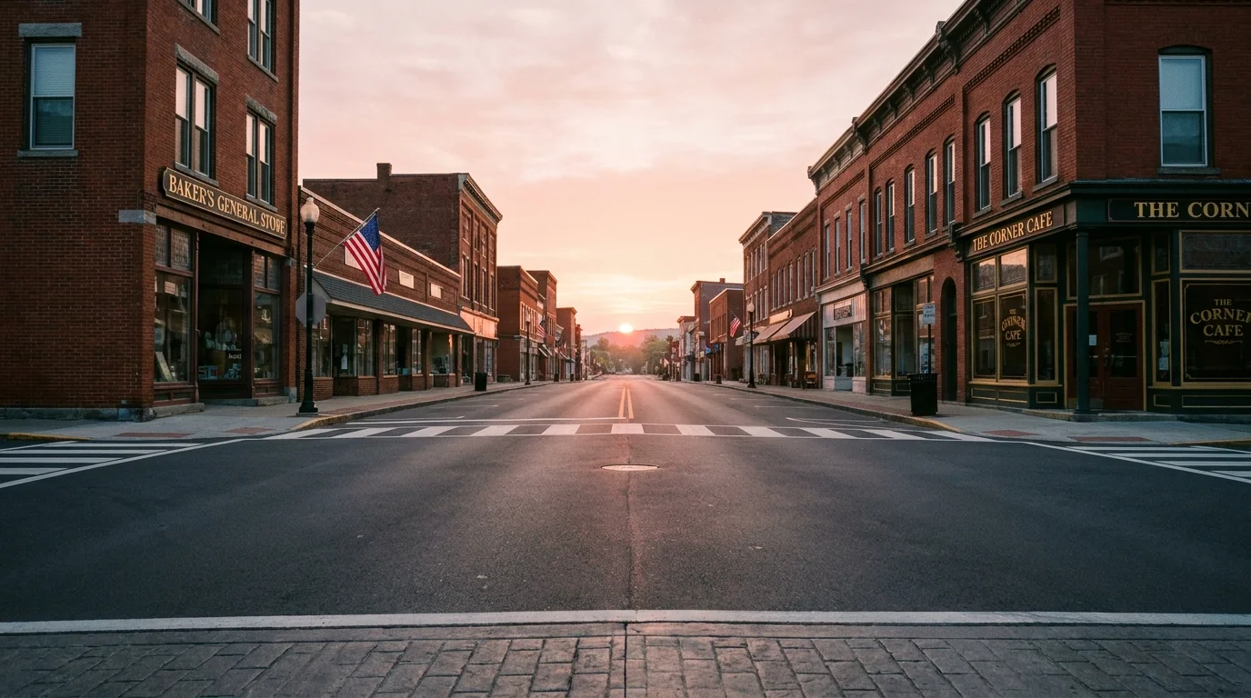 A peaceful, clean small-town main street at sunrise, representing the quiet security of top-ranked retirement towns.