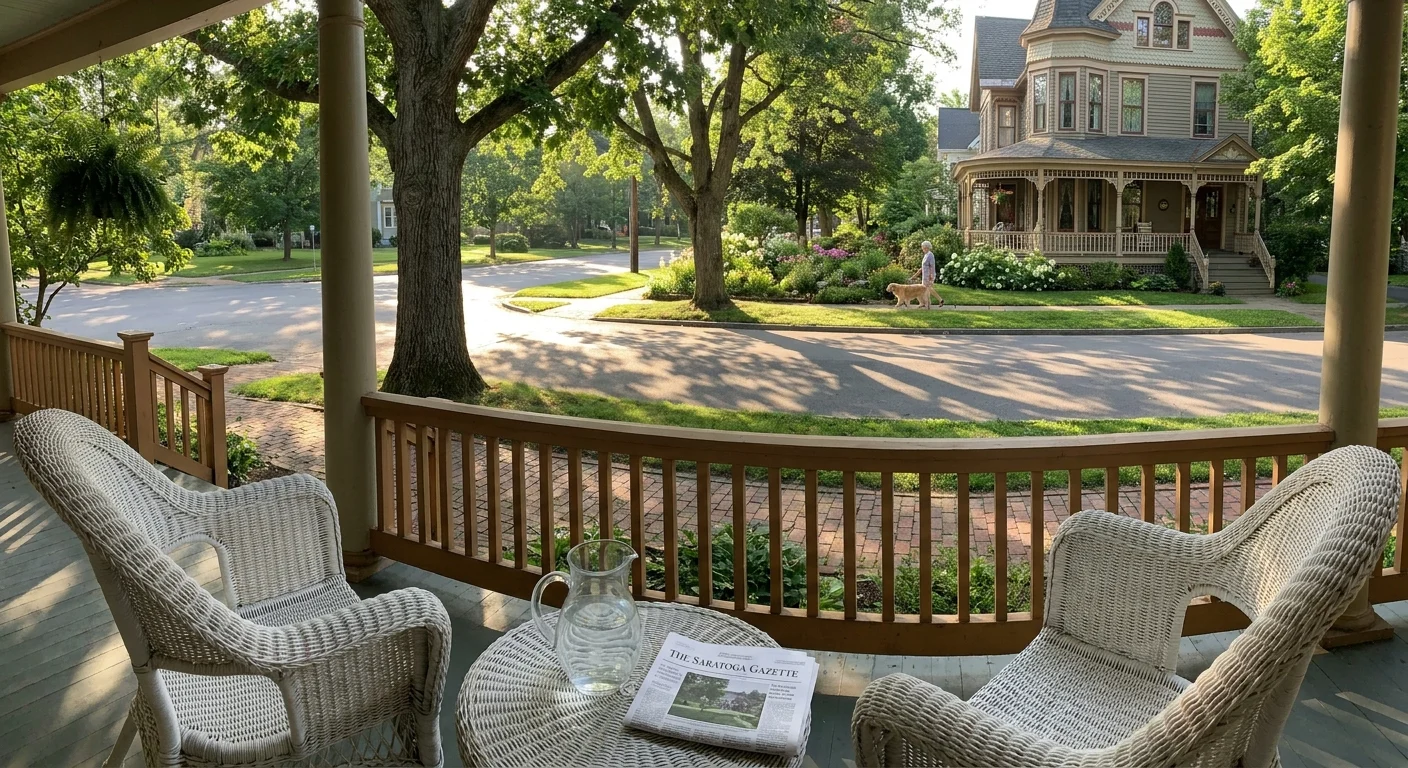 A peaceful street in Saratoga Springs, New York, featuring historic Victorian homes and lush trees.