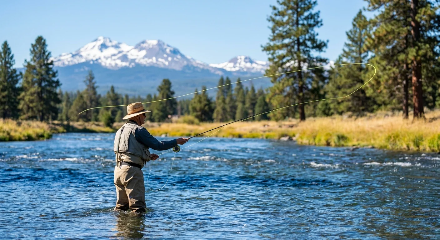 A person fly-fishing in a river with pine trees and three large snow-capped volcanoes in the background.