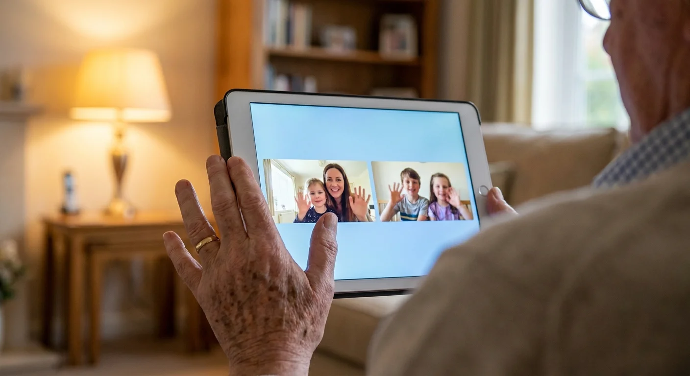 A person holding a tablet during a clear video call with family.