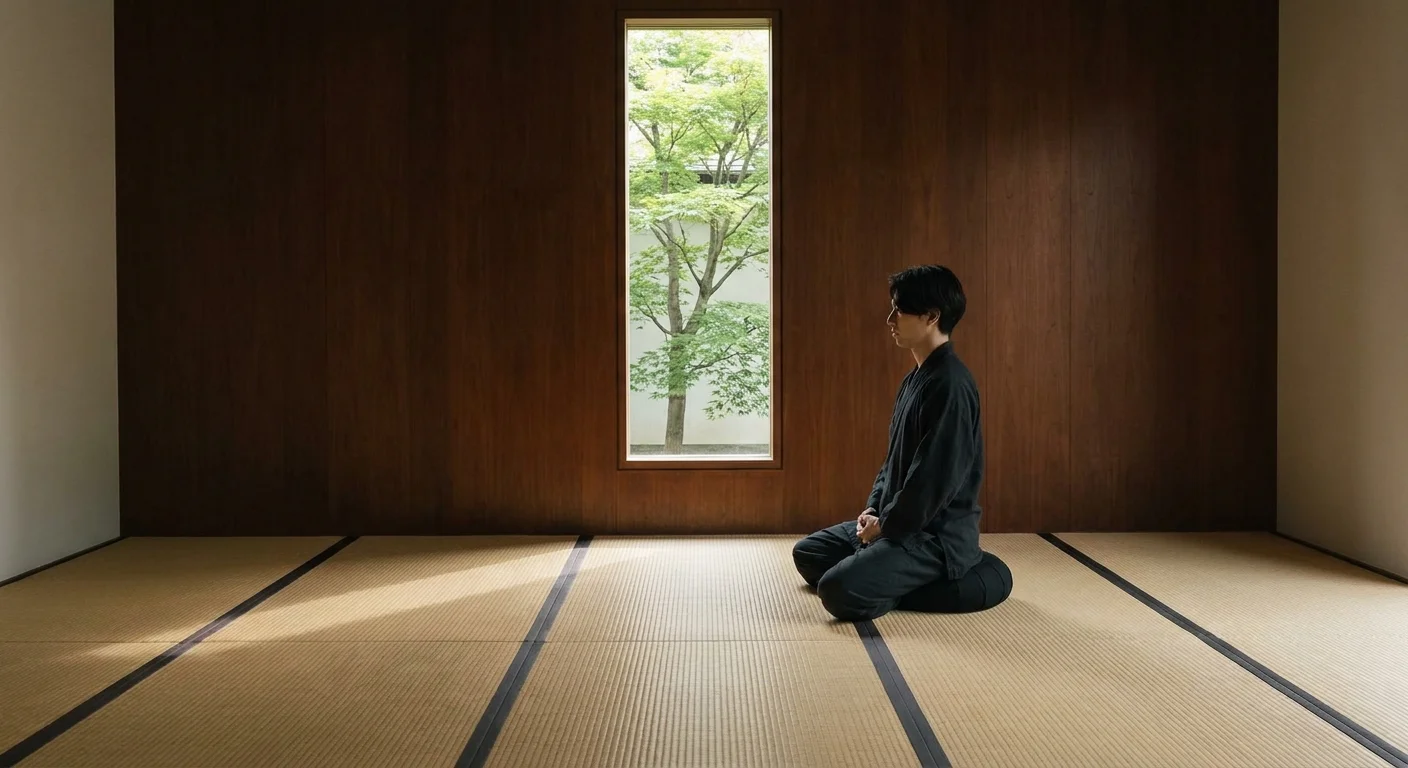 A person sits in meditation on a tatami mat in a minimalist, light-filled Zen hall.